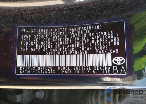 2018 Toyota Corolla Se z USA, uszkodzony, nr VIN 5YFBURHEXJP805528